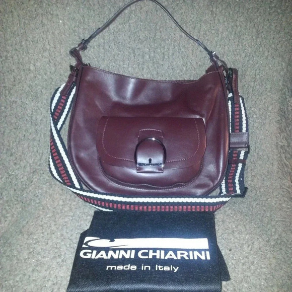 GIANNI CHIARINI-Maroon/Burgundy Leather w/Guitar Style Woven Crossbody Strap-NWT - Picture 1 of 7